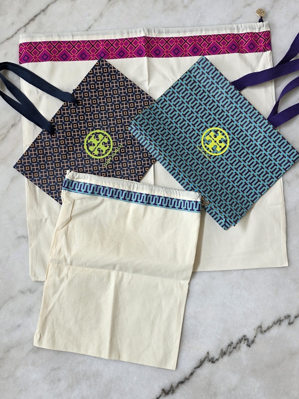 Tory Burch Reversible Logo Dust Bags And Shopping Bags In Navy & Turquoise